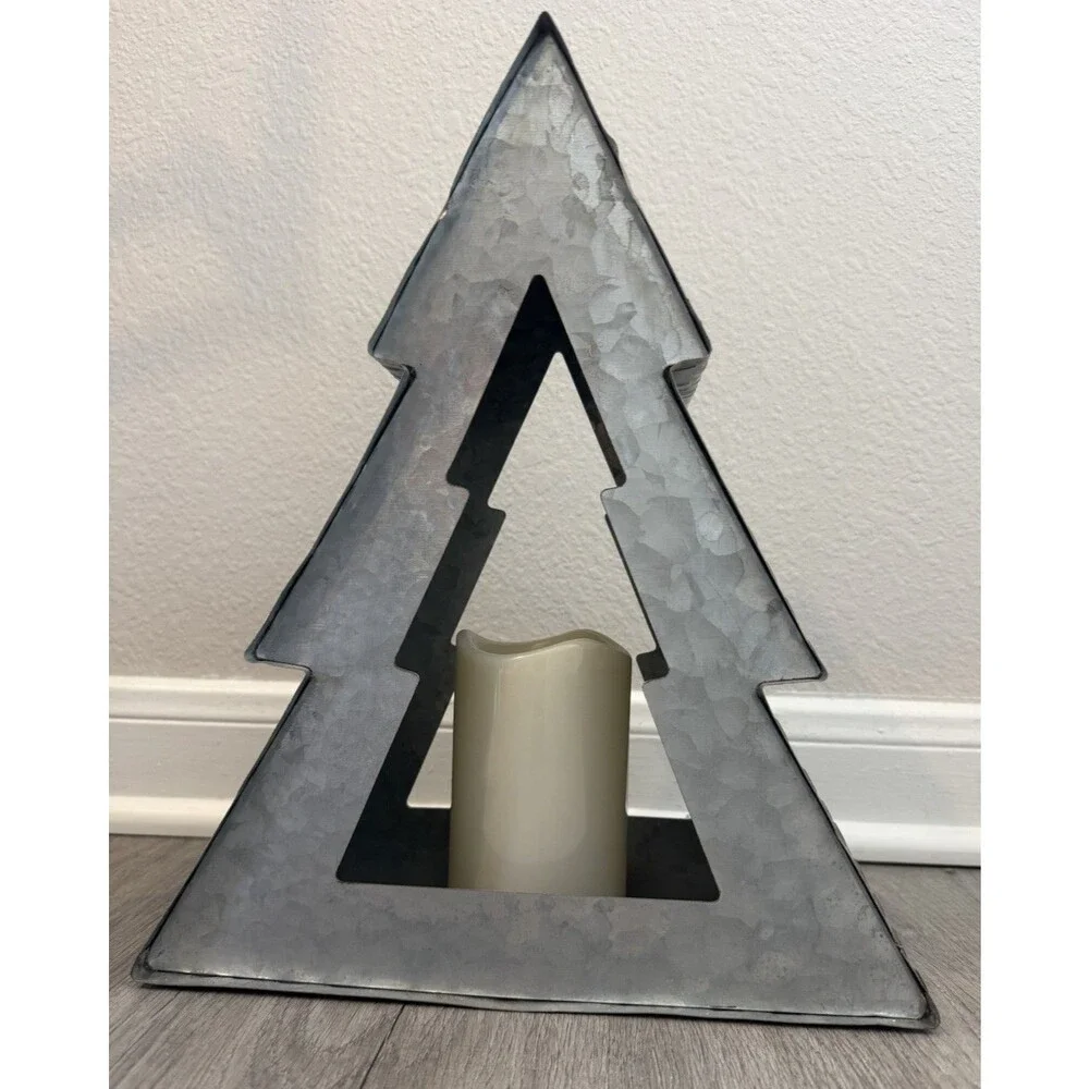 Galvanized Metal Christmas Tree Candle Holder Rustic Decorative, Place A Bid